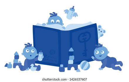 Cute little blue baby boys sitting and reading big book on white background. Bedtime stories for your kids. Routine for family and parents. Child development and emtertainment vector Illustration