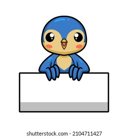Cute little blue bird cartoon with blank sign