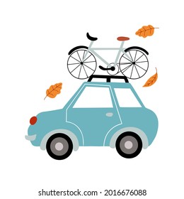 Cute little blue car transporting bicycle on roof top with autumn leaves flying around flat vector illustration