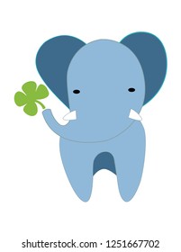 Cute little blue elephant with a green leaf cartoon hand drawn vector illustration. Can be used for t-shirt print, icon, kids wear fashion design, baby shower invitation card.