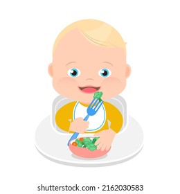 Cute little blue eyes baby boy eating vegetables with a fork, a bowl with solid food, cartoon illustration. White background.