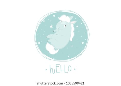 Cute Little blue horses drawn illustration could use as card, tag, poster, label template design. Valentines day, cute girl or baby shower room decor element or invitation