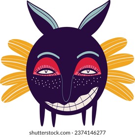 Cute little blue monster with strange smiling face. Halloween character in modern cartoon style