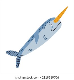 Cute little blue narwhal vector illustration. Funny hand drawn sea world character. Happy animal isolated on white background. Childish t shirt print design