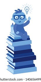 Cute little blue toddler with glasses on white. Clever baby boy scientist reading and sitting on pile of books, learning. Education will give your child best ideas for future
Smart Vector Illustration