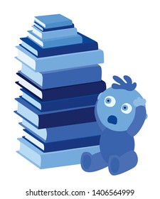 Cute little blue toddler on white. Dazed baby boy looking at big pile of books. Too many knowledge to learn, too demanding parents. He will have to study hard. Parenting strategy Vector Illustration.