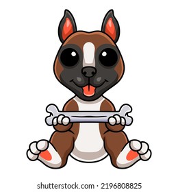 Cute little boxer dog cartoon holding a bone