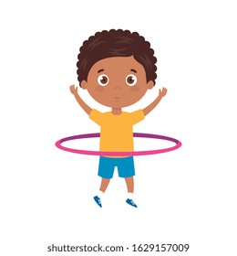 cute little boy afro playing hula hula isolated icon vector illustration design