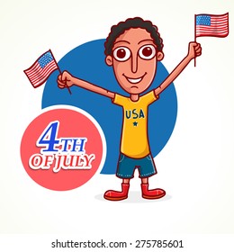 Cute little boy with American national flag, celebrating on occasion of 4th of July, Independence Day.