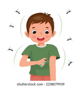 Cute little boy applying insect repellent spray to his arm as protection against mosquitoes