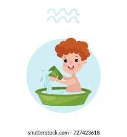 Cute little boy as Aquarius astrological sign, horoscope zodiac character colorful cartoon vector Illustration
