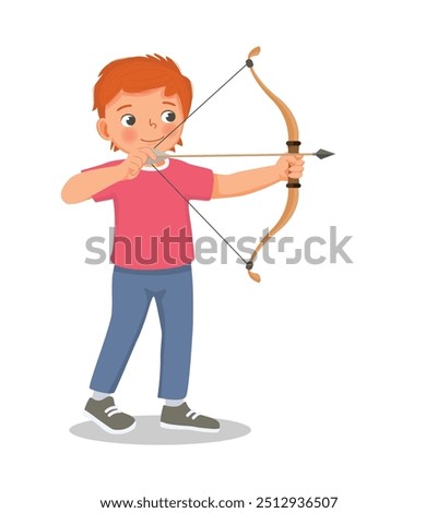 Cute little boy archer with bow and arrow doing archery sport aiming ready to shoot