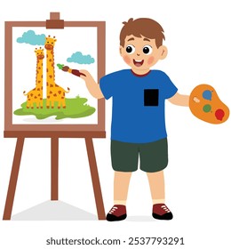 Cute little boy artist holding color palette and brush painting on canvas, illustration and vector