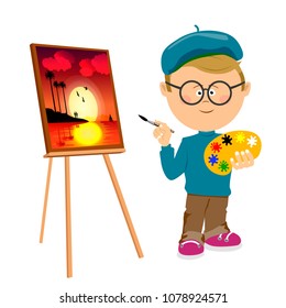 Cute little boy artist painting paints picture on easel white