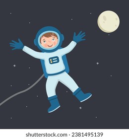 Cute little boy astronaut floating in the space