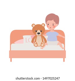cute little boy baby with bear teddy in bedroom