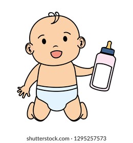 cute and little boy baby with milk bottle