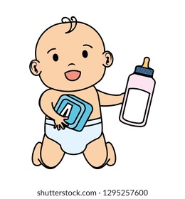 cute and little boy baby with milk bottle