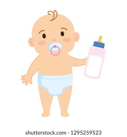 cute and little boy baby with milk bottle