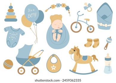 Cute little boy baby set. Collection of vector elements on white background for design of cards, posters, stickers, stickers.