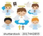 Cute little boy baptism angels praying and holding cross vector illustration.
