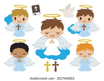 Cute Little Boy Baptism Angels Praying And Holding Cross Vector Illustration.