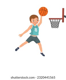 Cute little boy basketball player jumping high performing slam dunk in action