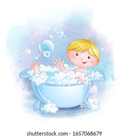 Cute little boy bathes in a bathtub with soapy foam and bubbles. Vector cartoon children character and watercolor texture background.