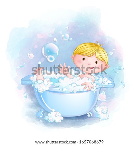 Cute little boy bathes in a bathtub with soapy foam and bubbles. Vector cartoon children character and watercolor texture background.