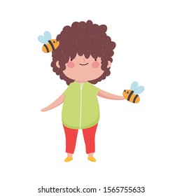 cute little boy with bees flying on white background vector illustration