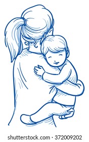 Cute little boy being carried by his mother. Hand drawn cartoon doodle vector illustration.