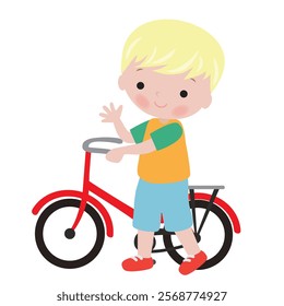 Cute little  boy with a bicycle vector cartoon flat style illustration