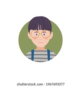 Cute little boy black-haired cartoon avatar-the face of a character in a circle, flat vector illustration, isolated on a white background.