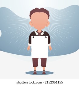 A cute little boy with a blank banner. Place for your logo, text or design. Vector illustration in cartoon style.