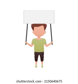A cute little boy with a blank sign. Isolated on white background. Cartoon style. Vector illustration.