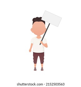 A cute little boy with a blank sign. Isolated. Vector illustration in cartoon style.