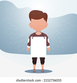 A cute little boy with a blank sign. Place for your text. Cartoon style. Vector illustration.