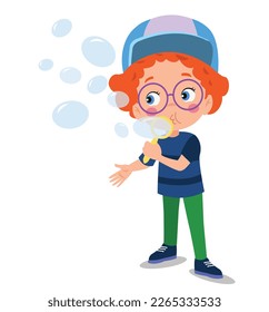 Cute little boy blowing bubbles vector Illustration