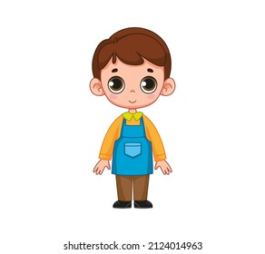 Cute little boy in blue apron, florist and gardener outfit. Vector illustration of a character in a cartoon childish style. Isolated funny male clipart. cute desktop print