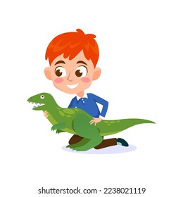 A cute little boy in a blue shirt is playing with a big green dinosaur toy, isolated on white background. Dino doll Birthday present. Funny gift for a child. Cartoon style vector illustration.