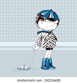 cute little boy is a boat on a string, in a nautical theme. Little sailor. Vector drawing hand