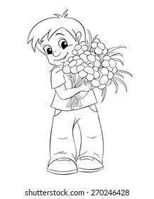 Cute little boy with bouquet. Black and white illustration for coloring book