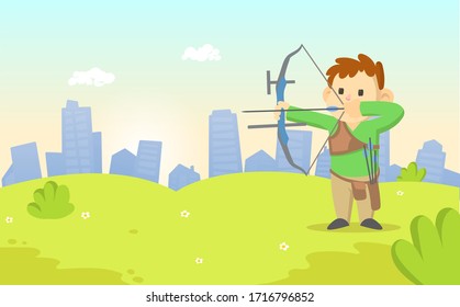 Cute little boy with a bow and arrow in the park on the city background. Colorful flat vector illustration, horizontal.