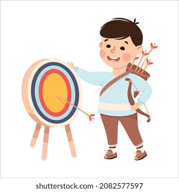 Cute Little Boy with Bow and Arrows Doing Archery Practicing Sport and Physical Activity Vector Illustration