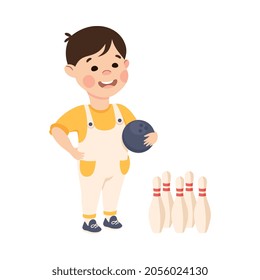 Cute Little Boy with Bowling Ball and Pins Practicing Sport and Physical Activity Vector Illustration