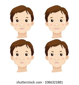 Cute little boy with brown hair. Calm, happy, sad, angry facial expressions