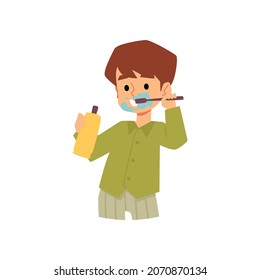 Un niño pequeño y lindo cepilla los dientes y sonrisas, ilustración vectorial plana aislada en el fondo blanco. El personaje de caricatura se ocupa de la higiene bucal. Ideal para el diseño estomatológico.