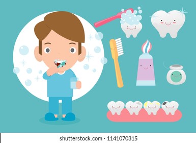 Cute Little boy brushing her teeth, child caring for teeth, kid brushing her teeth,funny teeth icon Vector Illustration