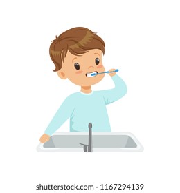 Cute little boy brushing his teeth, kid caring for teeth in bathroom vector Illustration on a white background