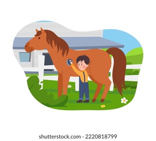 Pequeño niño lindo cepillando caballo en la granja, ilustración plana vectorial aislada en fondo blanco. Niño cuidando de caballo. Conceptos de crianza de caballos y amistad entre niños y animales.